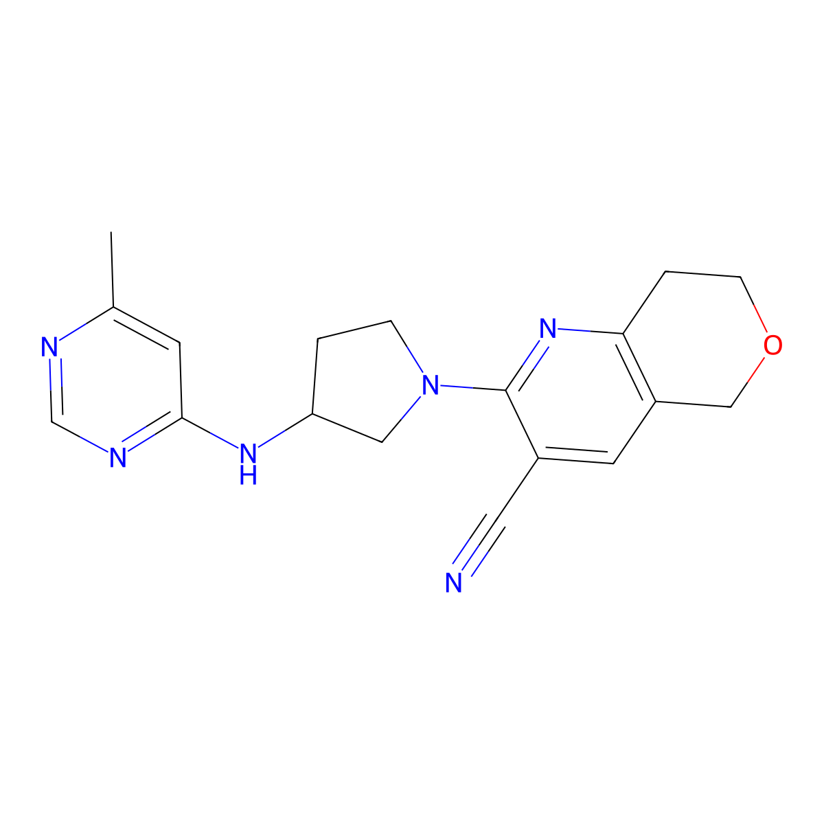2-{3-[(6-methylpyrimidin-4-yl)amino]pyrrolidin-1-yl}-5H,7H,8H-pyrano[4,3-b]pyridine-3-carbonitrile molecular structure, CAS 3054545-04-6