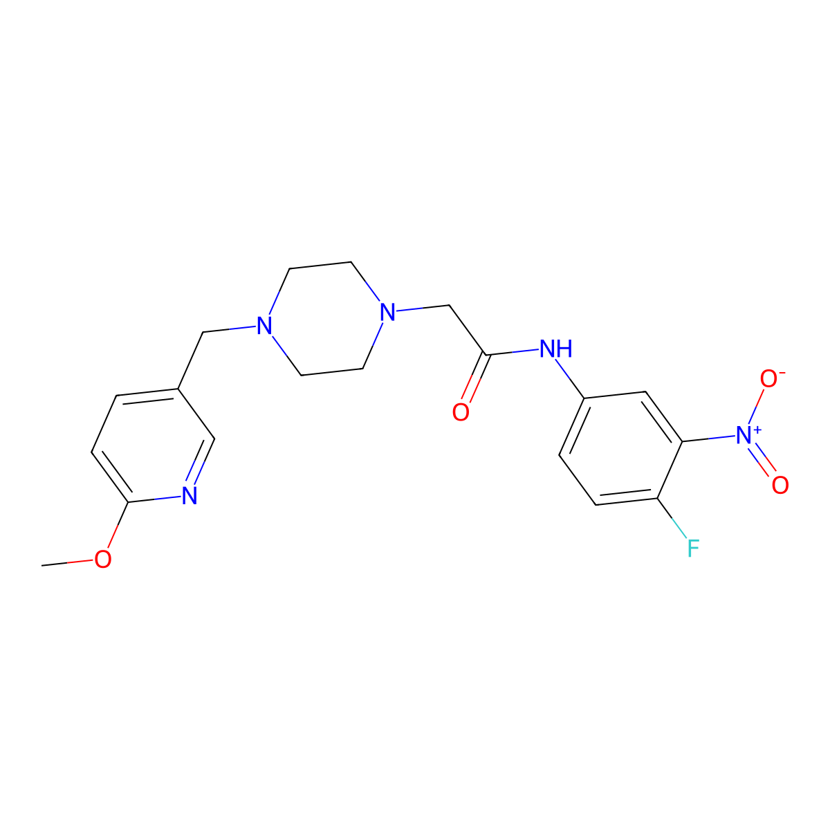 N-(4-fluoro-3-nitrophenyl)-2-{4-[(6-methoxypyridin-3-yl)methyl]piperazin-1-yl}acetamide molecular structure, CAS 3054545-07-9