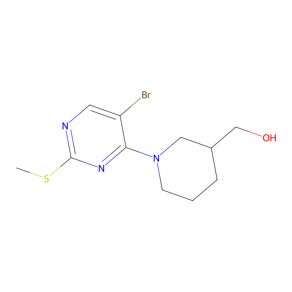 {1-[5-Bromo-2-(methylsulfanyl)pyrimidin-4-yl]piperidin-3-yl}methanol molecular structure, CAS 3054545-22-8