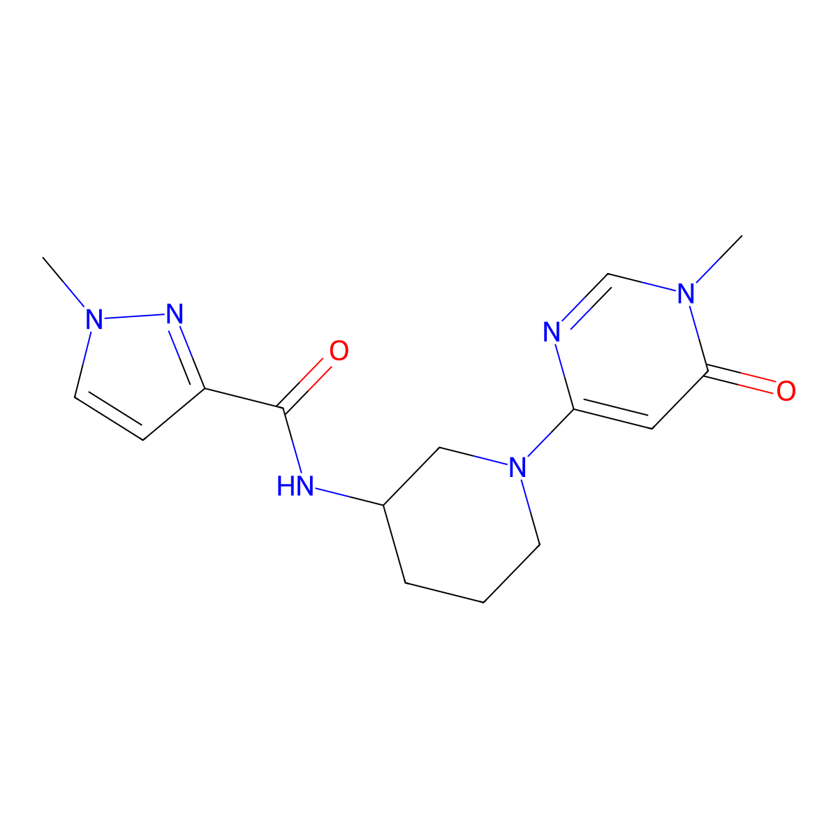 1-methyl-N-[1-(1-methyl-6-oxo-1,6-dihydropyrimidin-4-yl)piperidin-3-yl]-1H-pyrazole-3-carboxamide molecular structure, CAS 3054545-24-0