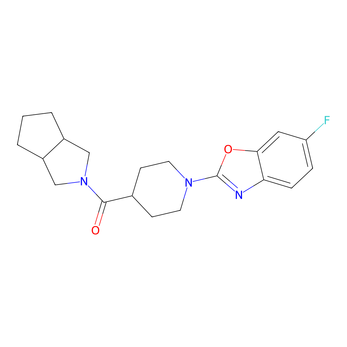 6-Fluoro-2-(4-{octahydrocyclopenta[c]pyrrole-2-carbonyl}piperidin-1-yl)-1,3-benzoxazole molecular structure, CAS 3054545-35-3