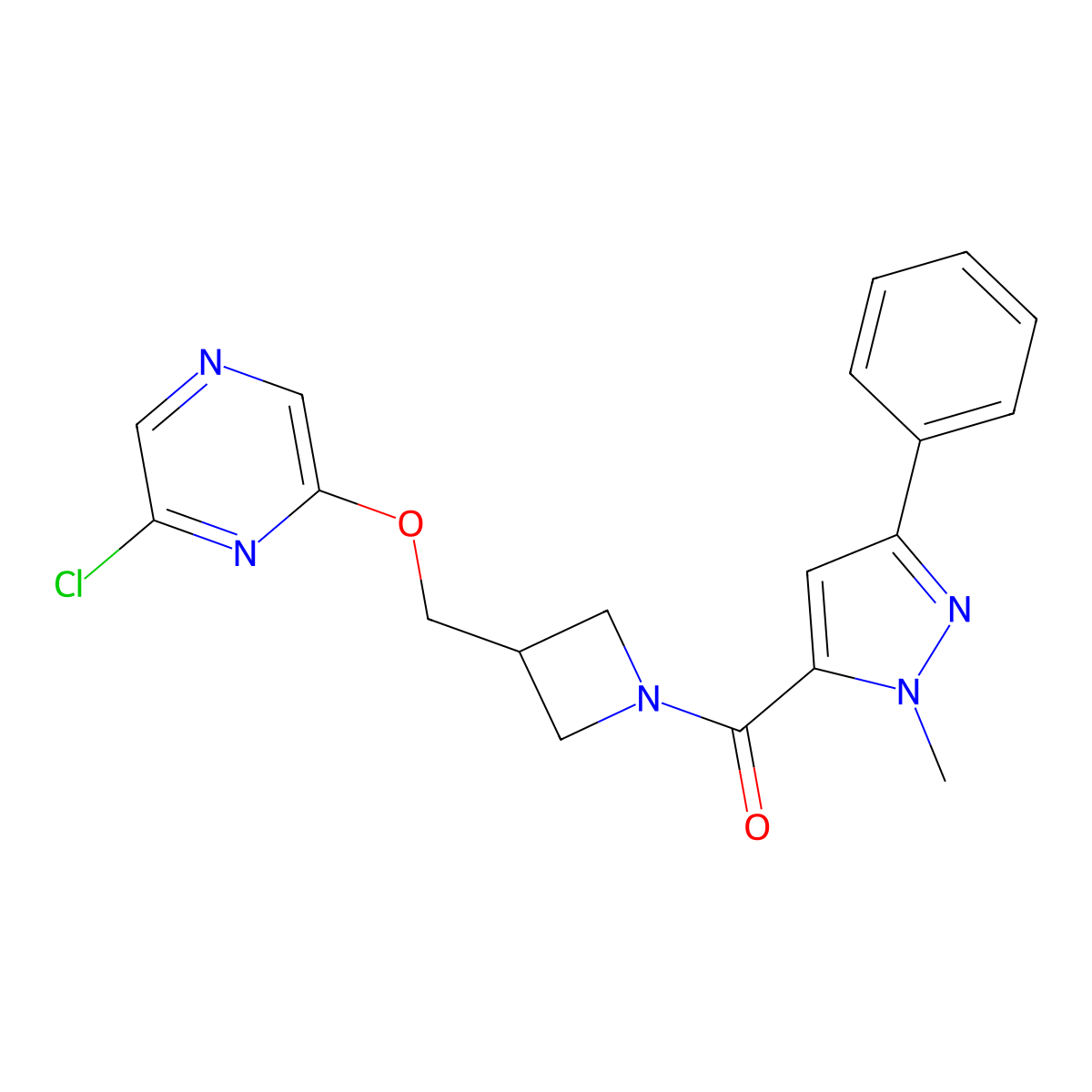 2-chloro-6-{[1-(1-methyl-3-phenyl-1H-pyrazole-5-carbonyl)azetidin-3-yl]methoxy}pyrazine molecular structure, CAS 3054545-49-9