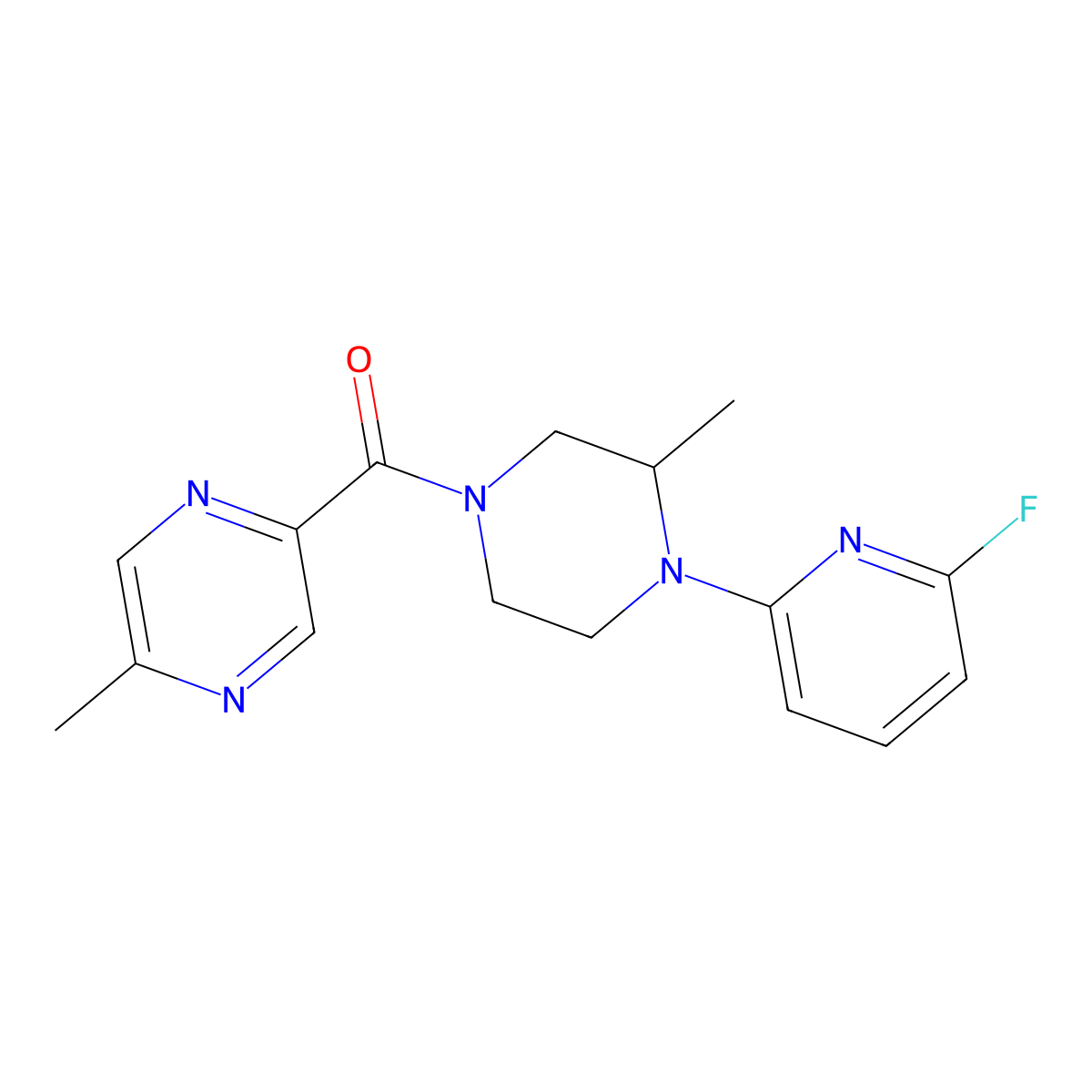 2-[4-(6-Fluoropyridin-2-yl)-3-methylpiperazine-1-carbonyl]-5-methylpyrazine molecular structure, CAS 3054545-51-3