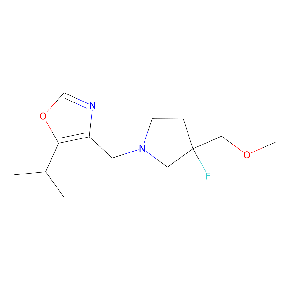 4-{[3-Fluoro-3-(methoxymethyl)pyrrolidin-1-yl]methyl}-5-(propan-2-yl)-1,3-oxazole molecular structure, CAS 3054545-52-4