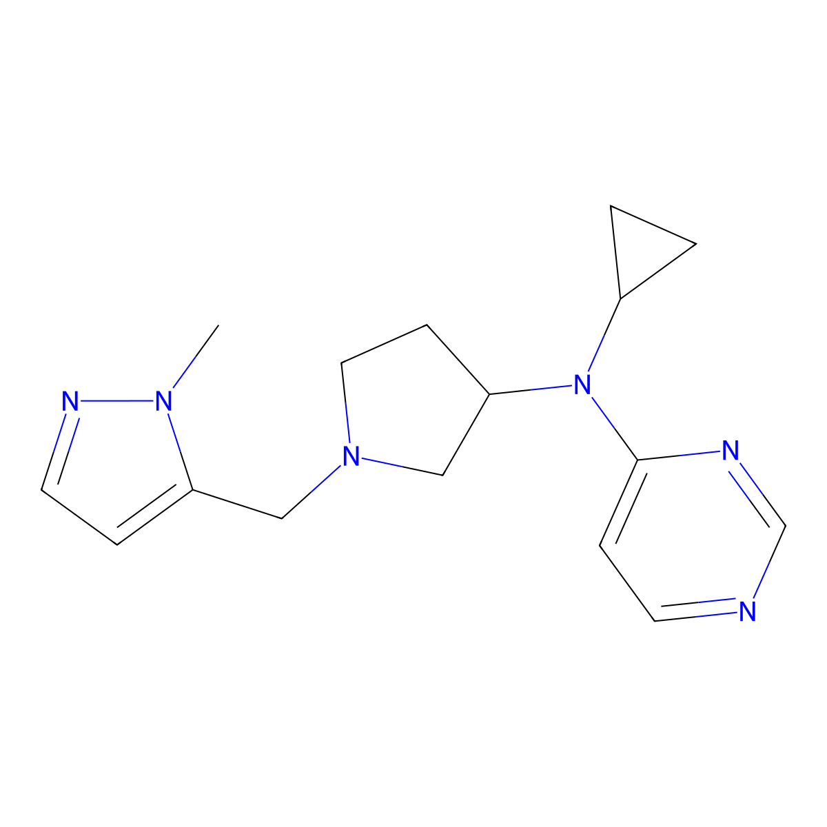 N-cyclopropyl-N-{1-[(1-methyl-1H-pyrazol-5-yl)methyl]pyrrolidin-3-yl}pyrimidin-4-amine molecular structure, CAS 3054545-59-1