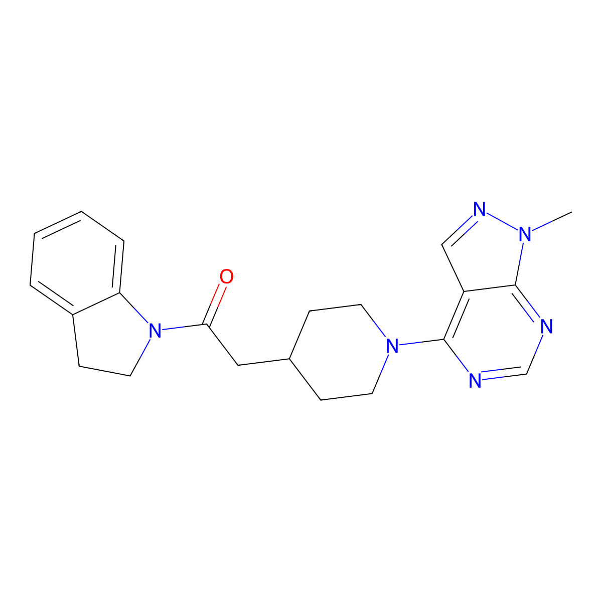 1-(2,3-dihydro-1H-indol-1-yl)-2-(1-{1-methyl-1H-pyrazolo[3,4-d]pyrimidin-4-yl}piperidin-4-yl)ethan-1-one molecular structure, CAS 3054545-67-1