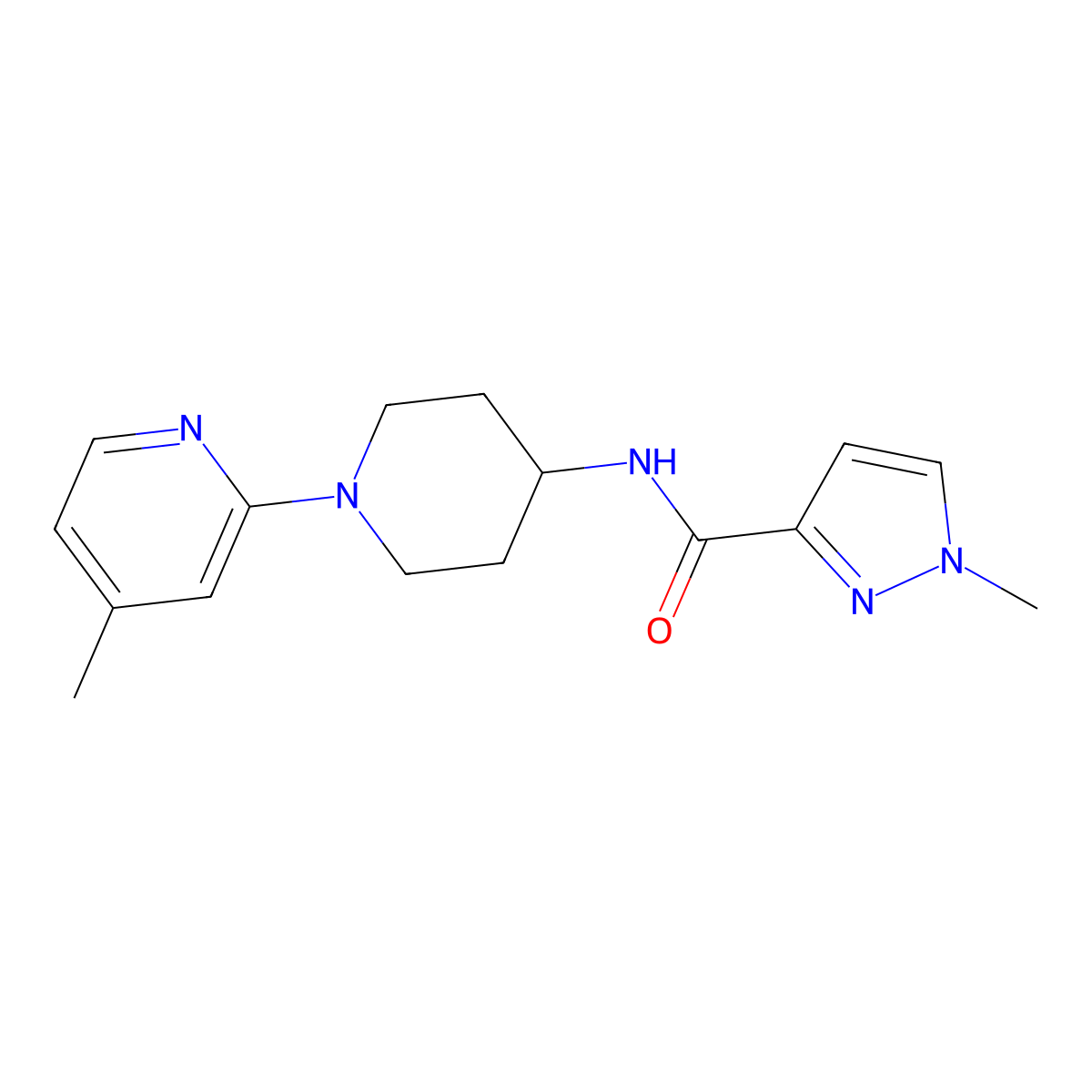 1-methyl-N-[1-(4-methylpyridin-2-yl)piperidin-4-yl]-1H-pyrazole-3-carboxamide molecular structure, CAS 3054545-71-7