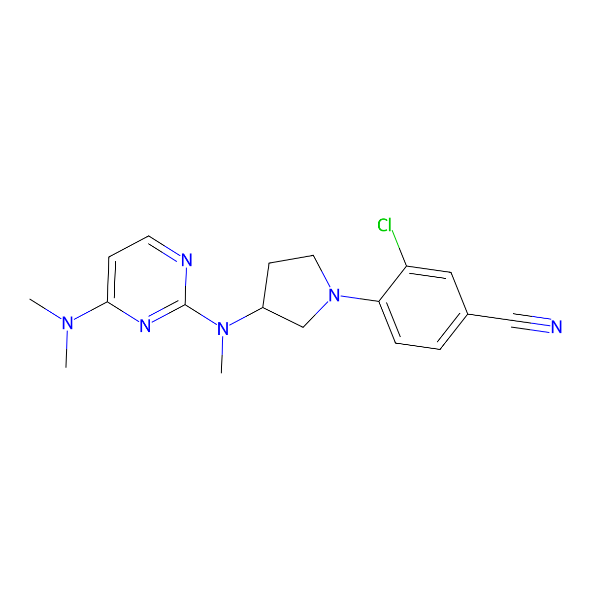 3-Chloro-4-(3-{[4-(dimethylamino)pyrimidin-2-yl](methyl)amino}pyrrolidin-1-yl)benzonitrile molecular structure, CAS 3054545-75-1