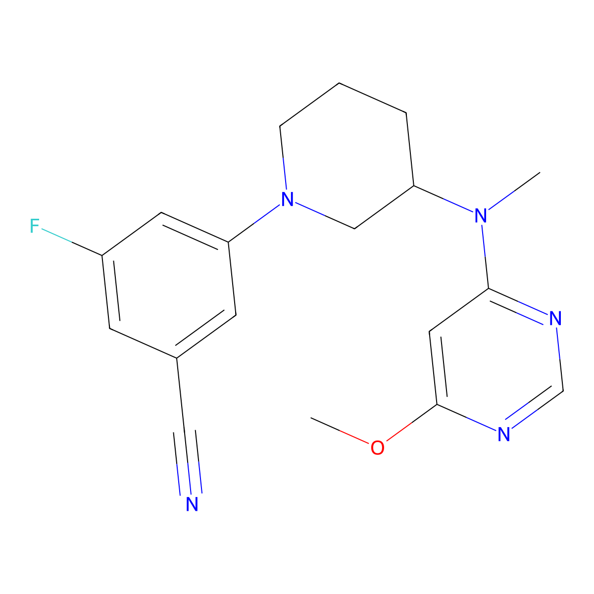 3-Fluoro-5-{3-[(6-methoxypyrimidin-4-yl)(methyl)amino]piperidin-1-yl}benzonitrile molecular structure, CAS 3054545-94-4
