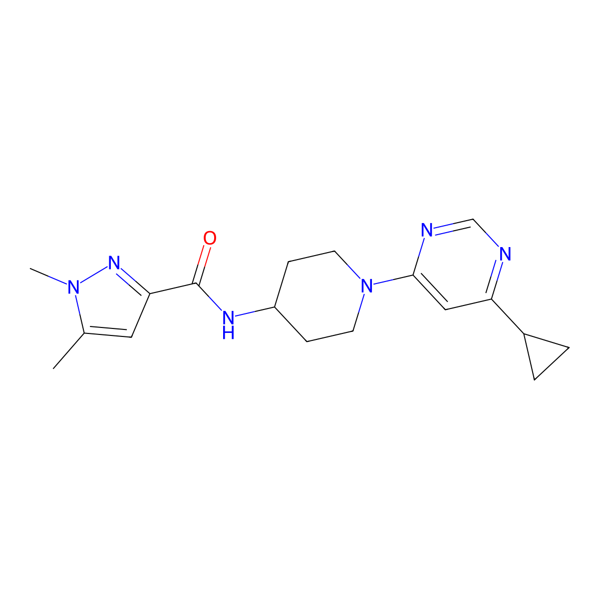 N-[1-(6-cyclopropylpyrimidin-4-yl)piperidin-4-yl]-1,5-dimethyl-1H-pyrazole-3-carboxamide molecular structure, CAS 3054545-96-6