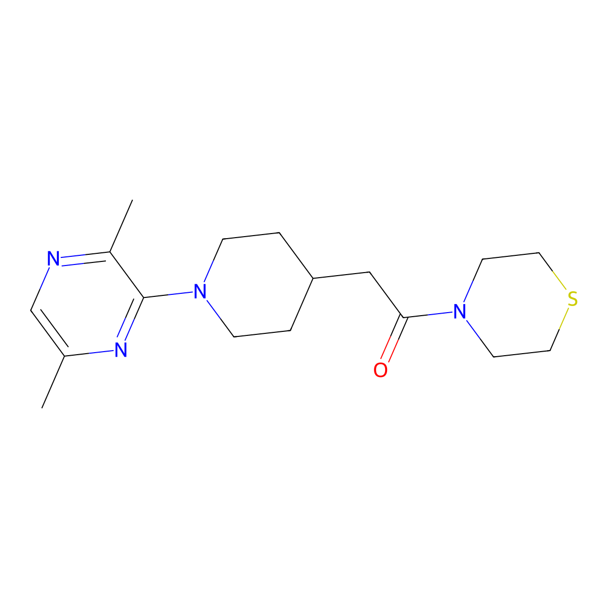 2-[1-(3,6-Dimethylpyrazin-2-yl)piperidin-4-yl]-1-(thiomorpholin-4-yl)ethan-1-one molecular structure, CAS 3054545-99-9