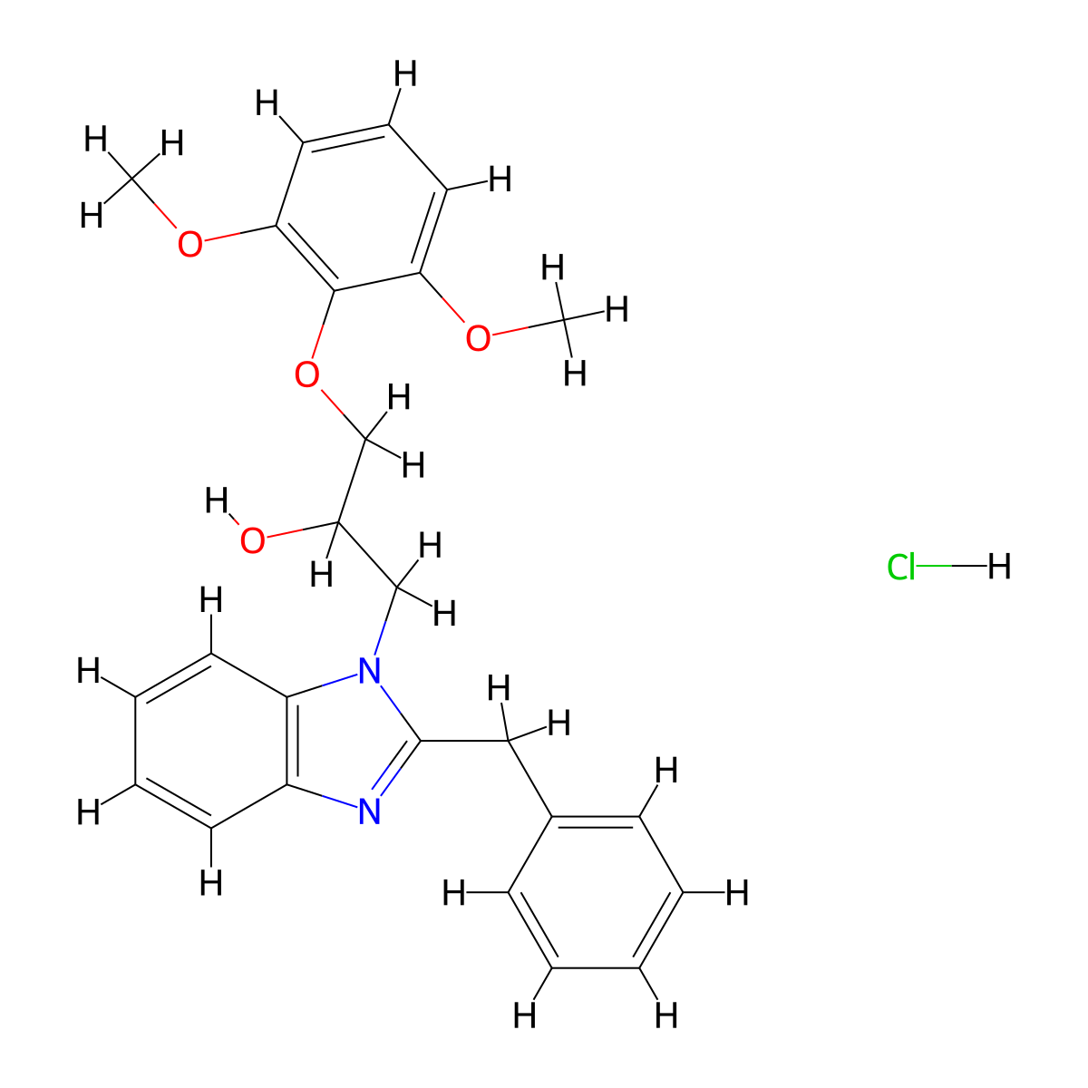 1-(2-benzyl-1H-1,3-benzodiazol-1-yl)-3-(2,6-dimethoxyphenoxy)propan-2-ol hydrochloride molecular structure, CAS 3054546-17-4