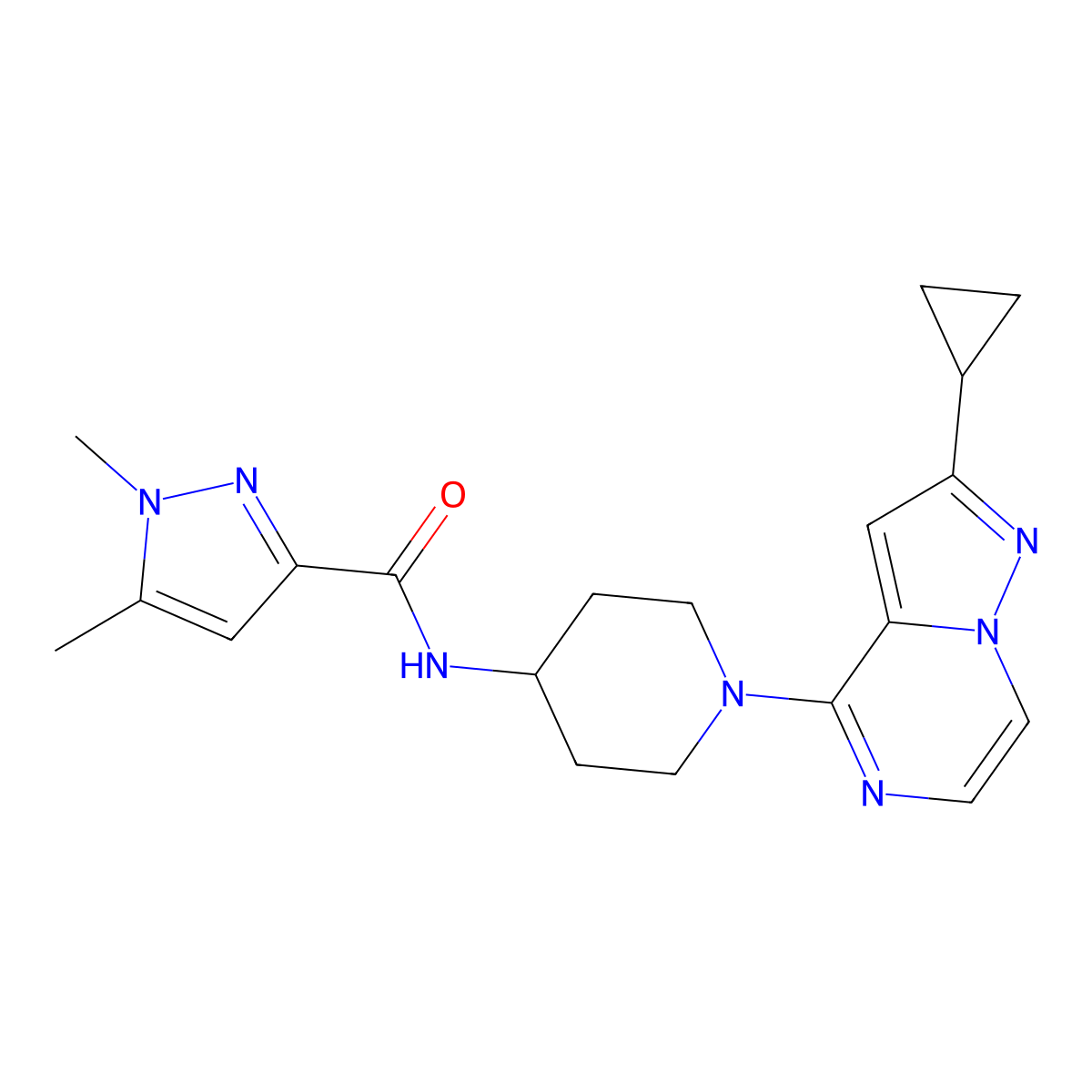 N-(1-{2-cyclopropylpyrazolo[1,5-a]pyrazin-4-yl}piperidin-4-yl)-1,5-dimethyl-1H-pyrazole-3-carboxamide molecular structure, CAS 3054546-19-6
