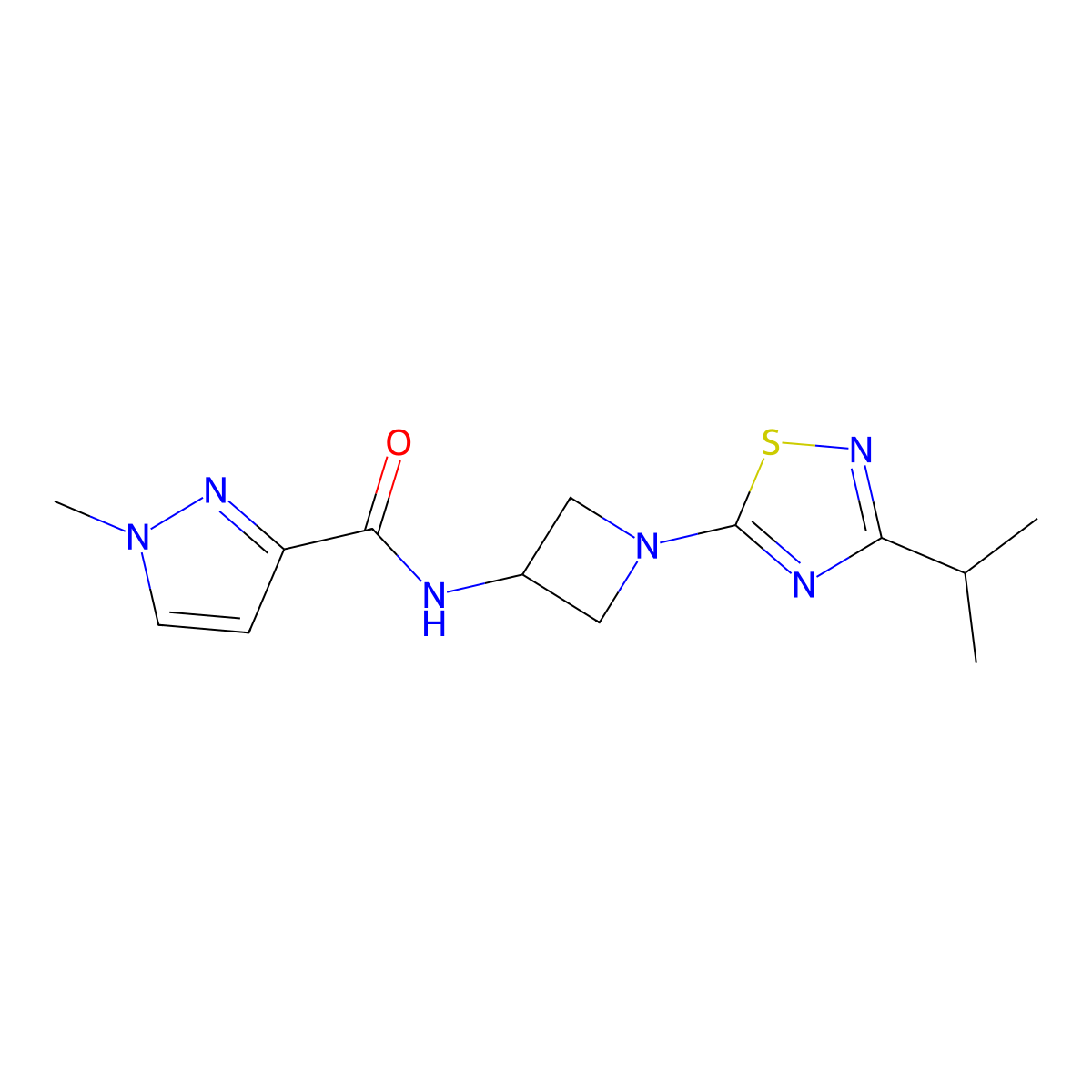 1-methyl-N-{1-[3-(propan-2-yl)-1,2,4-thiadiazol-5-yl]azetidin-3-yl}-1H-pyrazole-3-carboxamide molecular structure, CAS 3054546-35-6