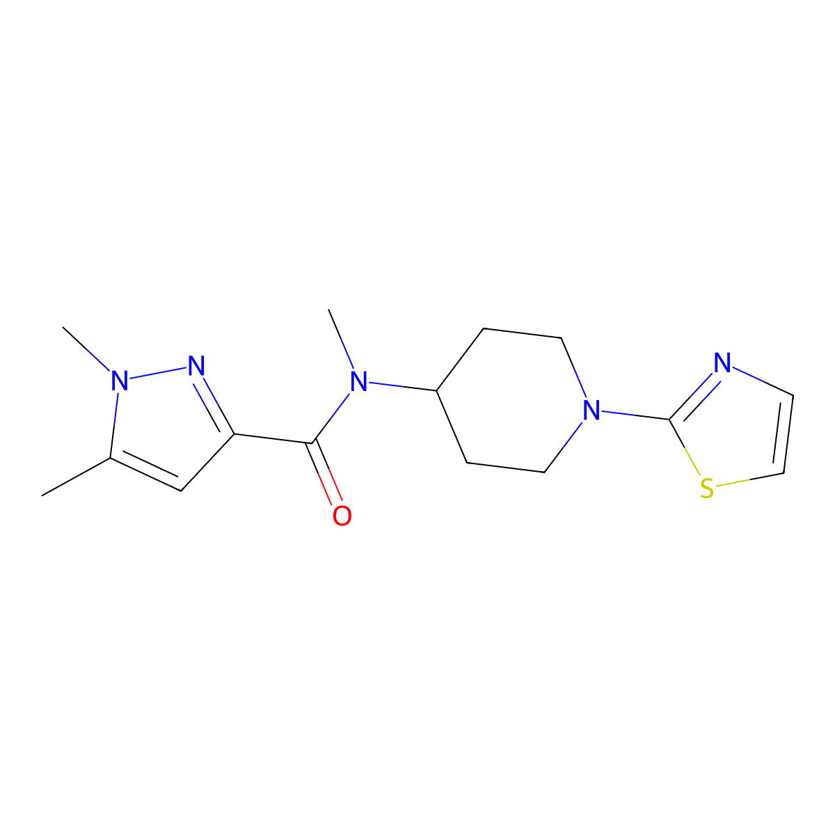 N,1,5-trimethyl-N-[1-(1,3-thiazol-2-yl)piperidin-4-yl]-1H-pyrazole-3-carboxamide molecular structure, CAS 3054546-38-9