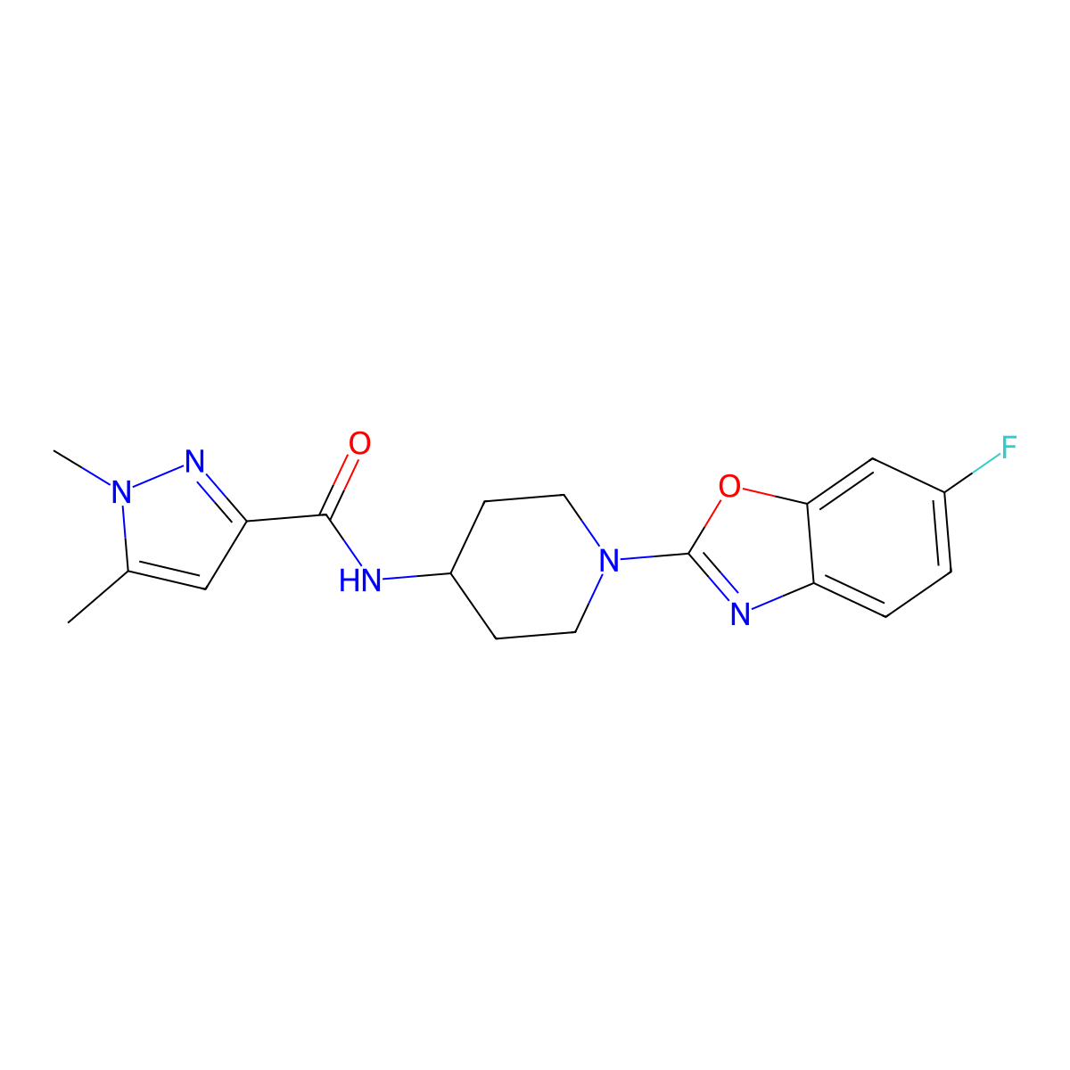N-[1-(6-fluoro-1,3-benzoxazol-2-yl)piperidin-4-yl]-1,5-dimethyl-1H-pyrazole-3-carboxamide molecular structure, CAS 3054546-39-0