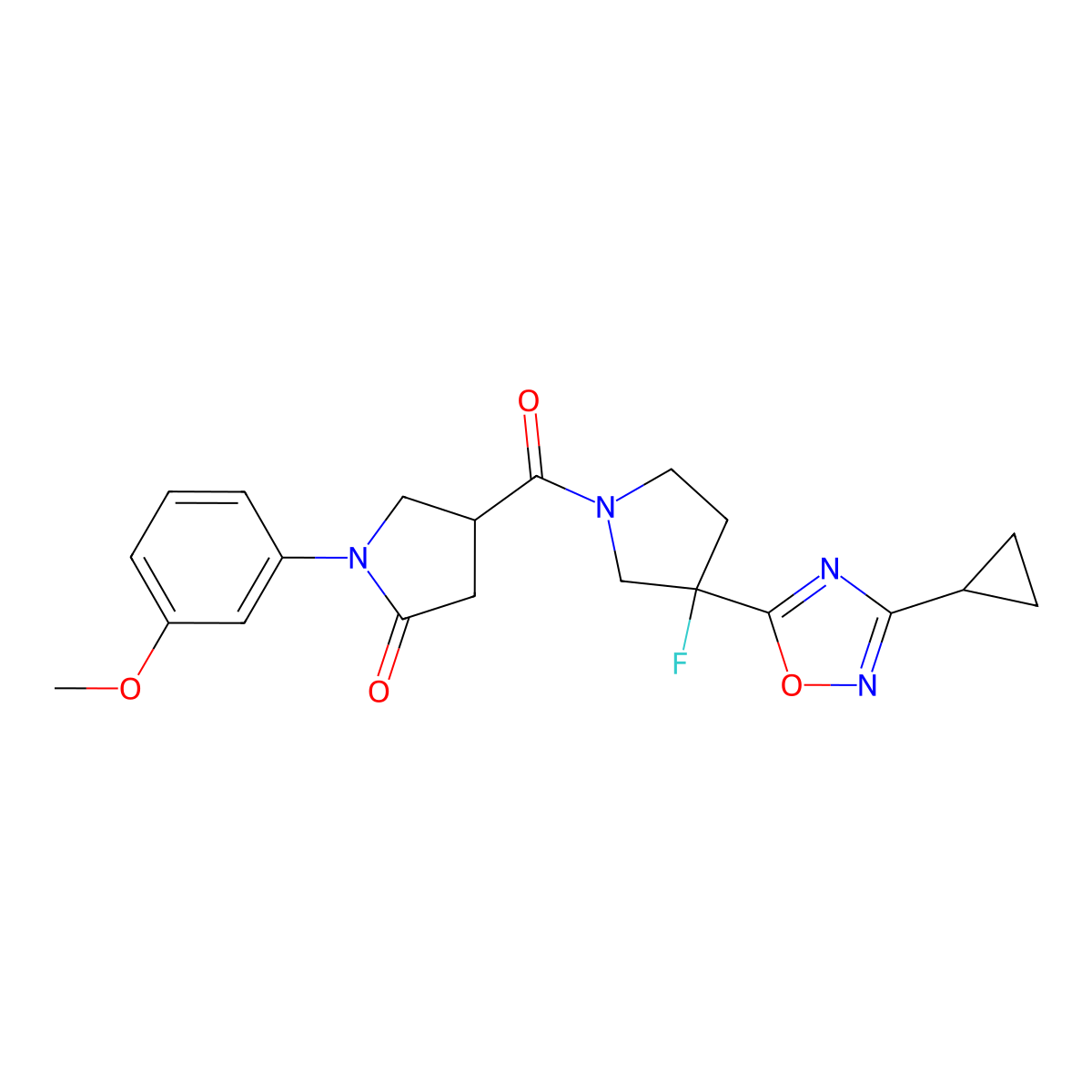 4-[3-(3-Cyclopropyl-1,2,4-oxadiazol-5-yl)-3-fluoropyrrolidine-1-carbonyl]-1-(3-methoxyphenyl)pyrrolidin-2-one molecular structure, CAS 3054546-41-4