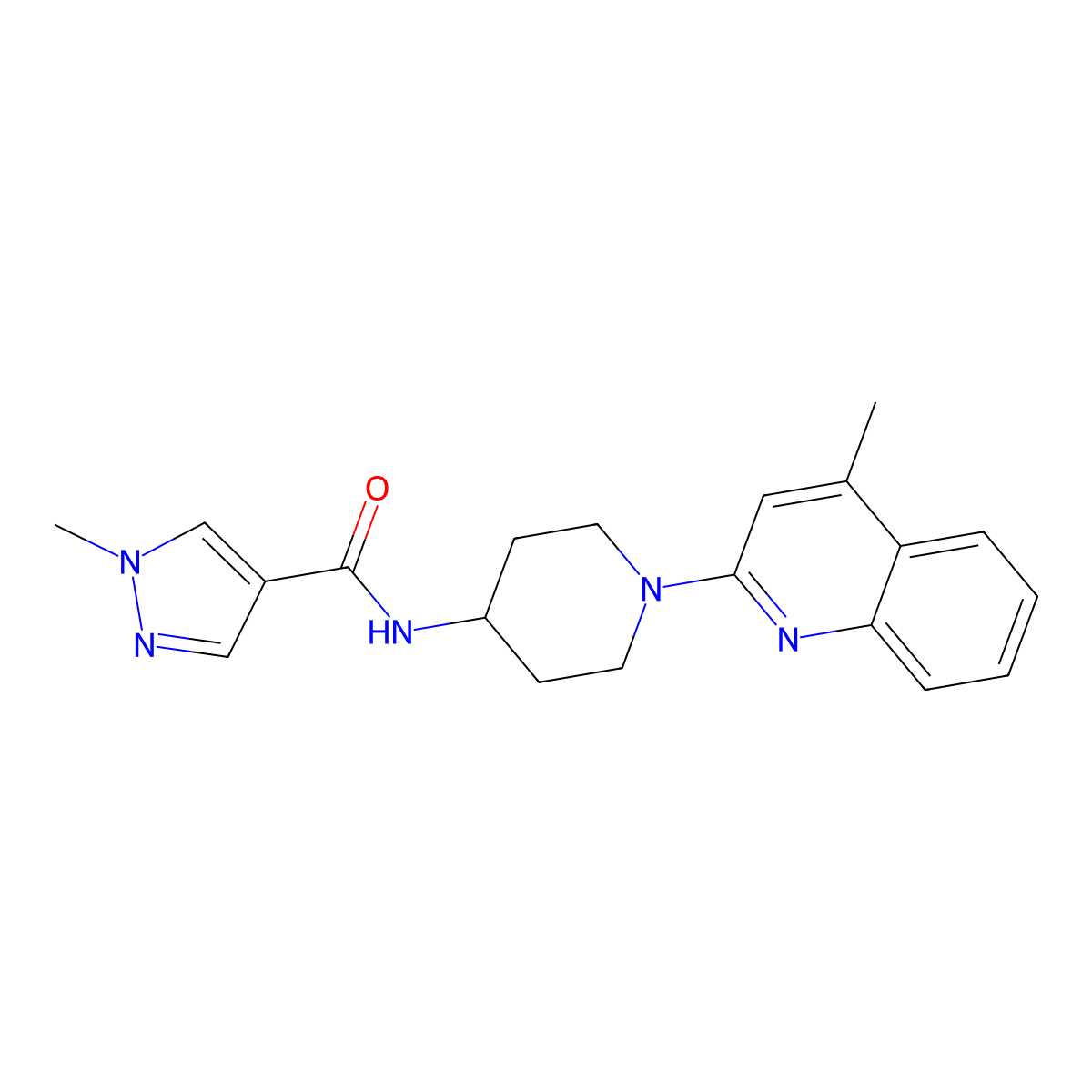 1-methyl-N-[1-(4-methylquinolin-2-yl)piperidin-4-yl]-1H-pyrazole-4-carboxamide molecular structure, CAS 3054546-45-8