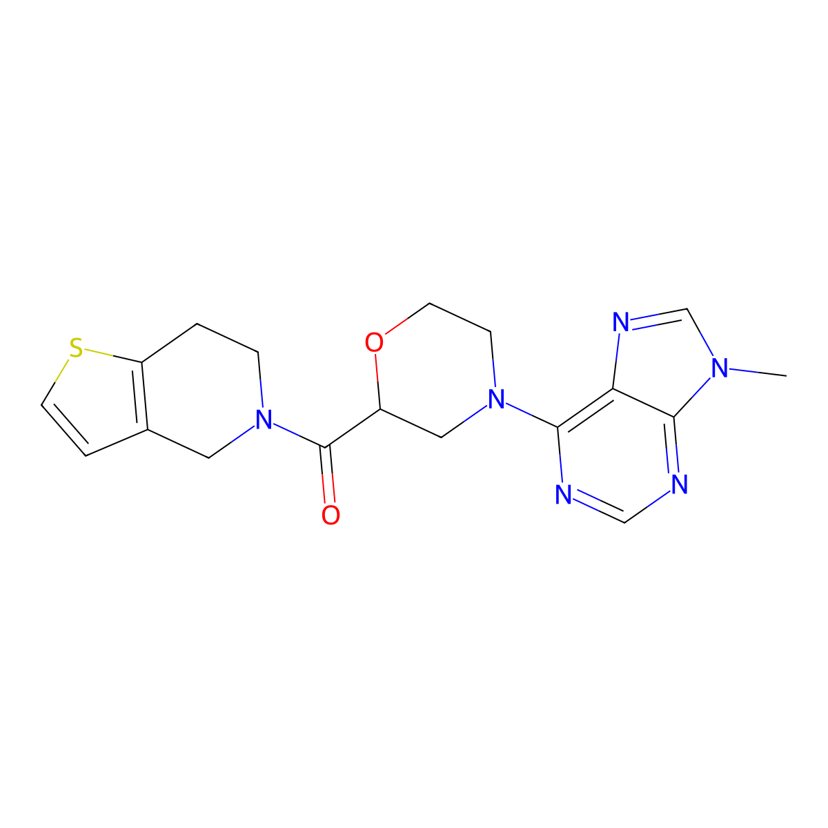 9-methyl-6-(2-{4H,5H,6H,7H-thieno[3,2-c]pyridine-5-carbonyl}morpholin-4-yl)-9H-purine molecular structure, CAS 3054546-49-2