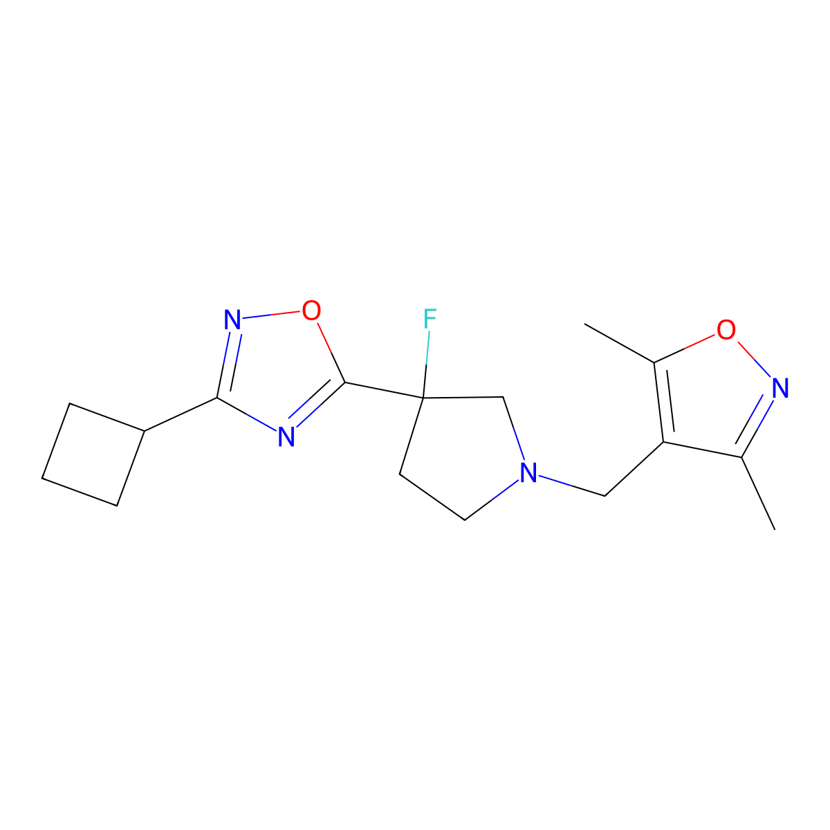 3-Cyclobutyl-5-{1-[(3,5-dimethyl-1,2-oxazol-4-yl)methyl]-3-fluoropyrrolidin-3-yl}-1,2,4-oxadiazole molecular structure, CAS 3054546-52-7