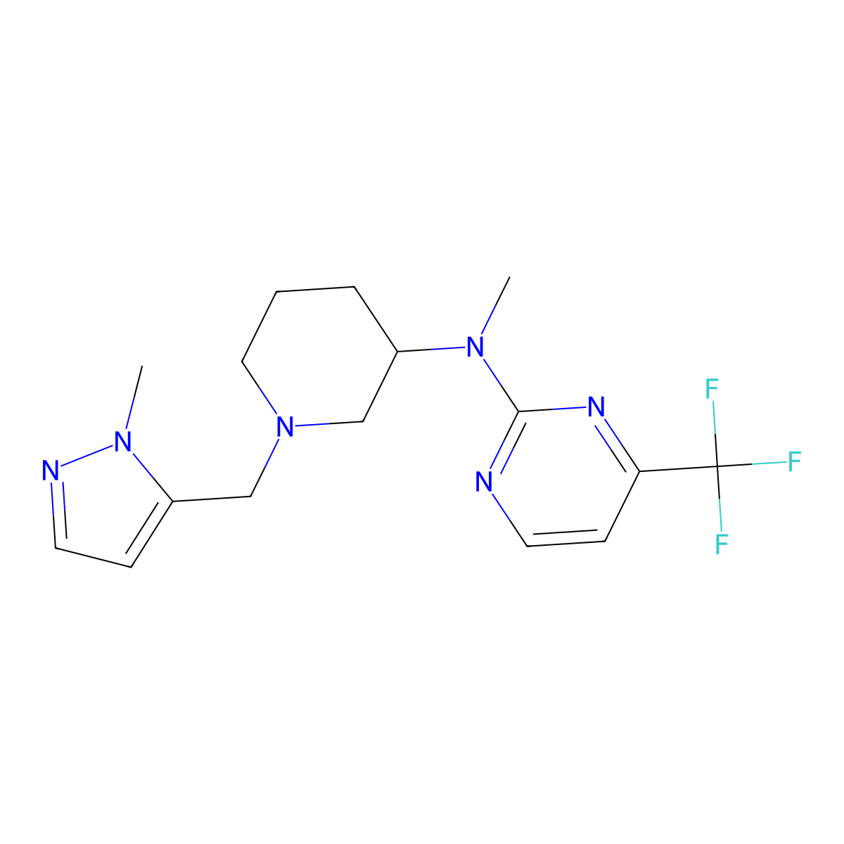 N-methyl-N-{1-[(1-methyl-1H-pyrazol-5-yl)methyl]piperidin-3-yl}-4-(trifluoromethyl)pyrimidin-2-amine molecular structure, CAS 3054546-60-7