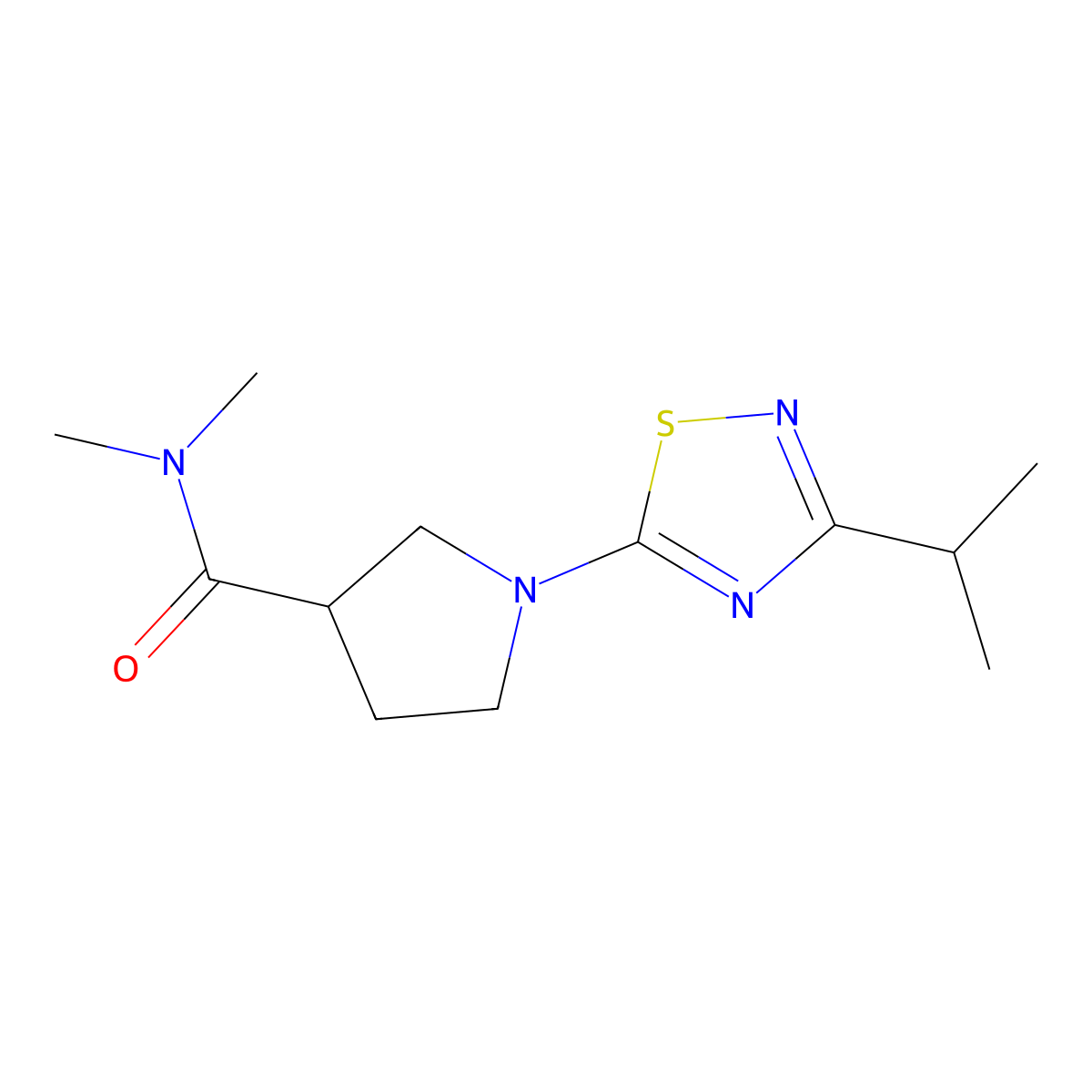 N,N-dimethyl-1-[3-(propan-2-yl)-1,2,4-thiadiazol-5-yl]pyrrolidine-3-carboxamide molecular structure, CAS 3054546-66-3