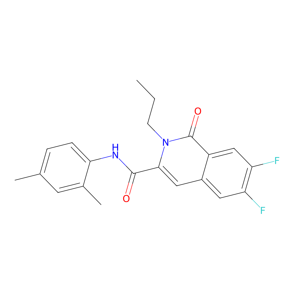 N-(2,4-dimethylphenyl)-6,7-difluoro-1-oxo-2-propyl-1,2-dihydroisoquinoline-3-carboxamide molecular structure, CAS 3054546-67-4