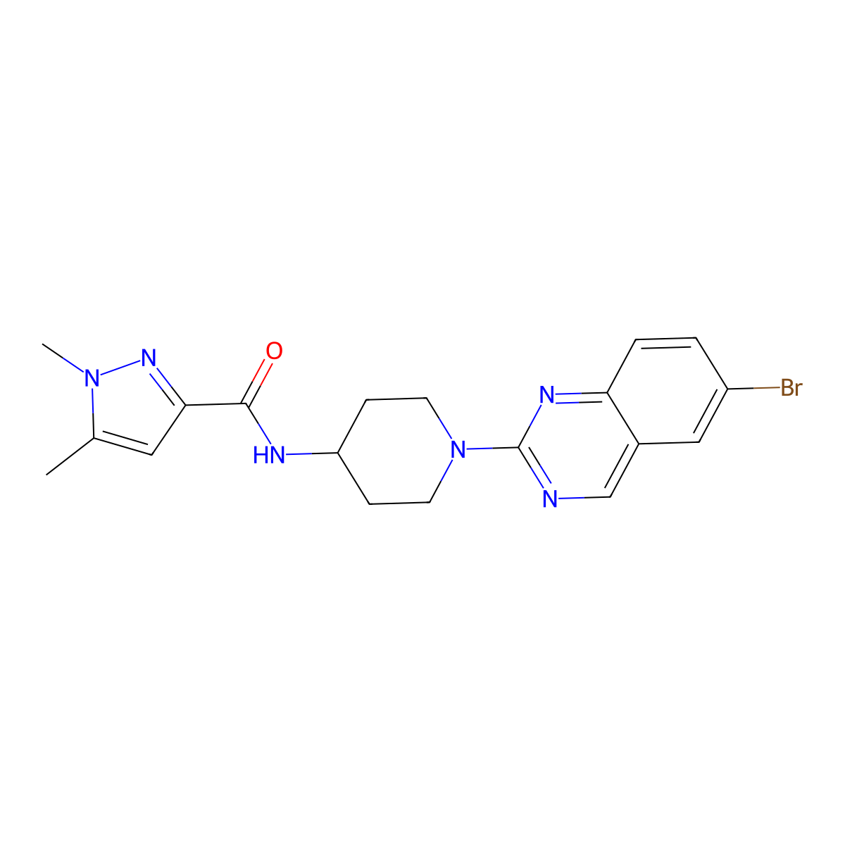 N-[1-(6-bromoquinazolin-2-yl)piperidin-4-yl]-1,5-dimethyl-1H-pyrazole-3-carboxamide molecular structure, CAS 3054546-73-2