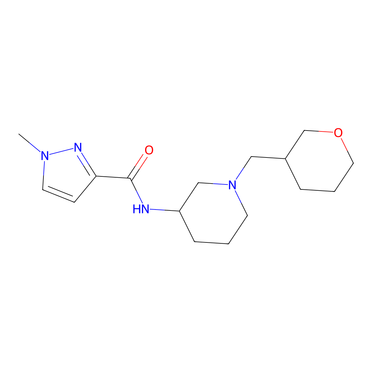 1-methyl-N-{1-[(oxan-3-yl)methyl]piperidin-3-yl}-1H-pyrazole-3-carboxamide molecular structure, CAS 3054546-74-3