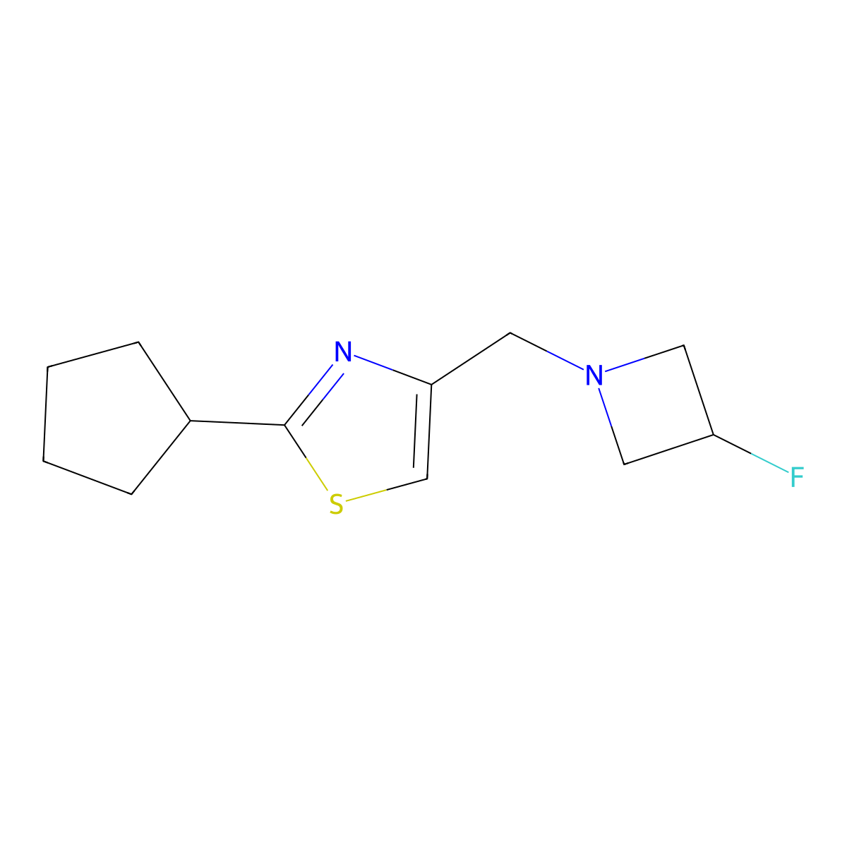 2-Cyclopentyl-4-[(3-fluoroazetidin-1-yl)methyl]-1,3-thiazole molecular structure, CAS 3054546-78-7