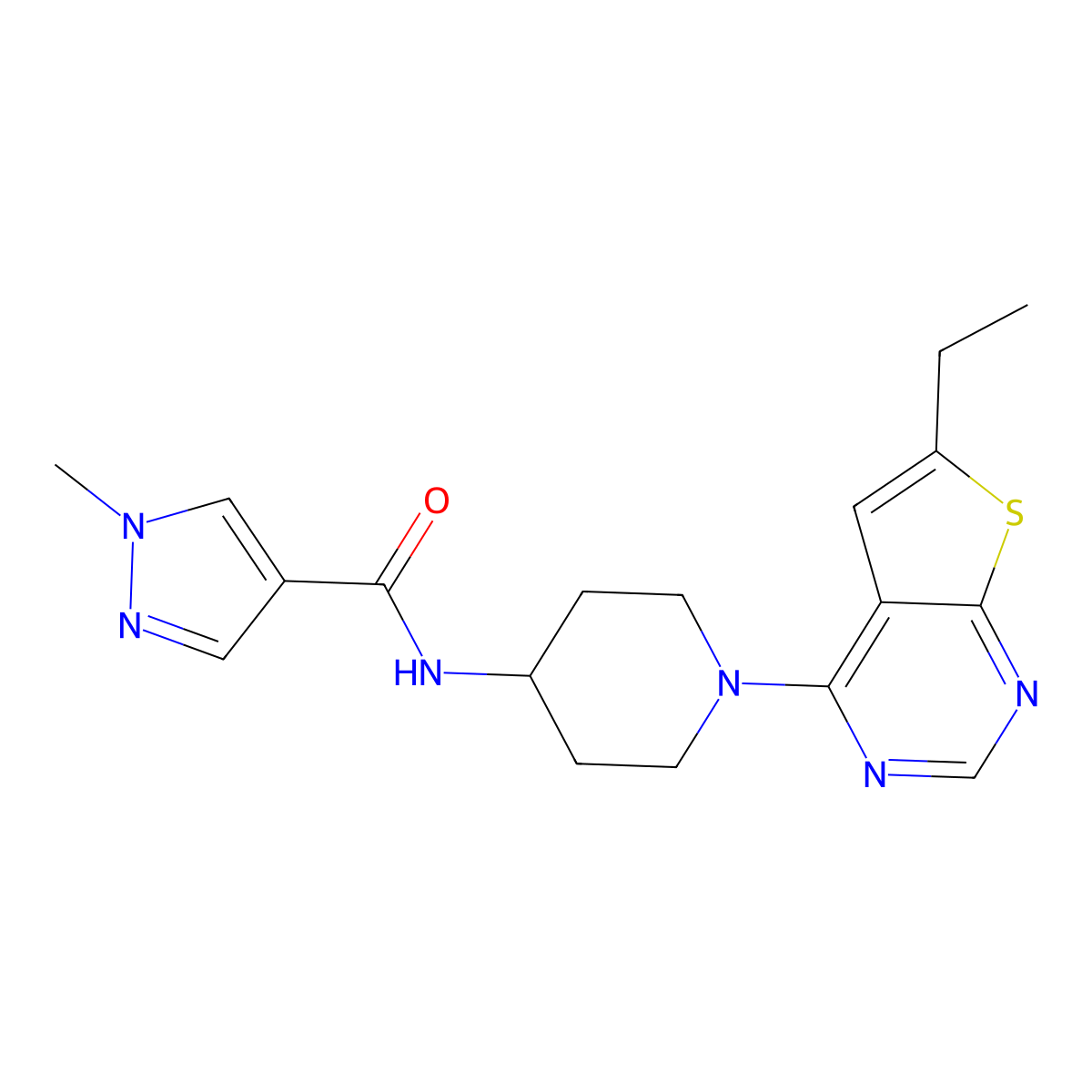 N-(1-{6-ethylthieno[2,3-d]pyrimidin-4-yl}piperidin-4-yl)-1-methyl-1H-pyrazole-4-carboxamide molecular structure, CAS 3054546-87-8