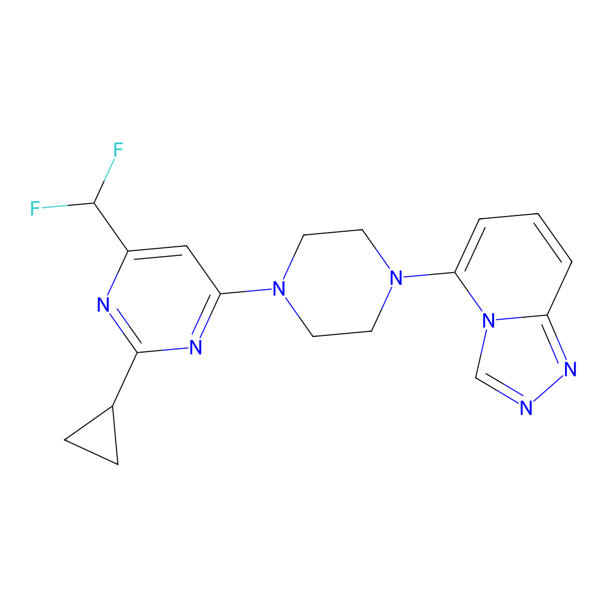 2-Cyclopropyl-4-(difluoromethyl)-6-(4-{[1,2,4]triazolo[4,3-a]pyridin-5-yl}piperazin-1-yl)pyrimidine molecular structure, CAS 3054546-92-5