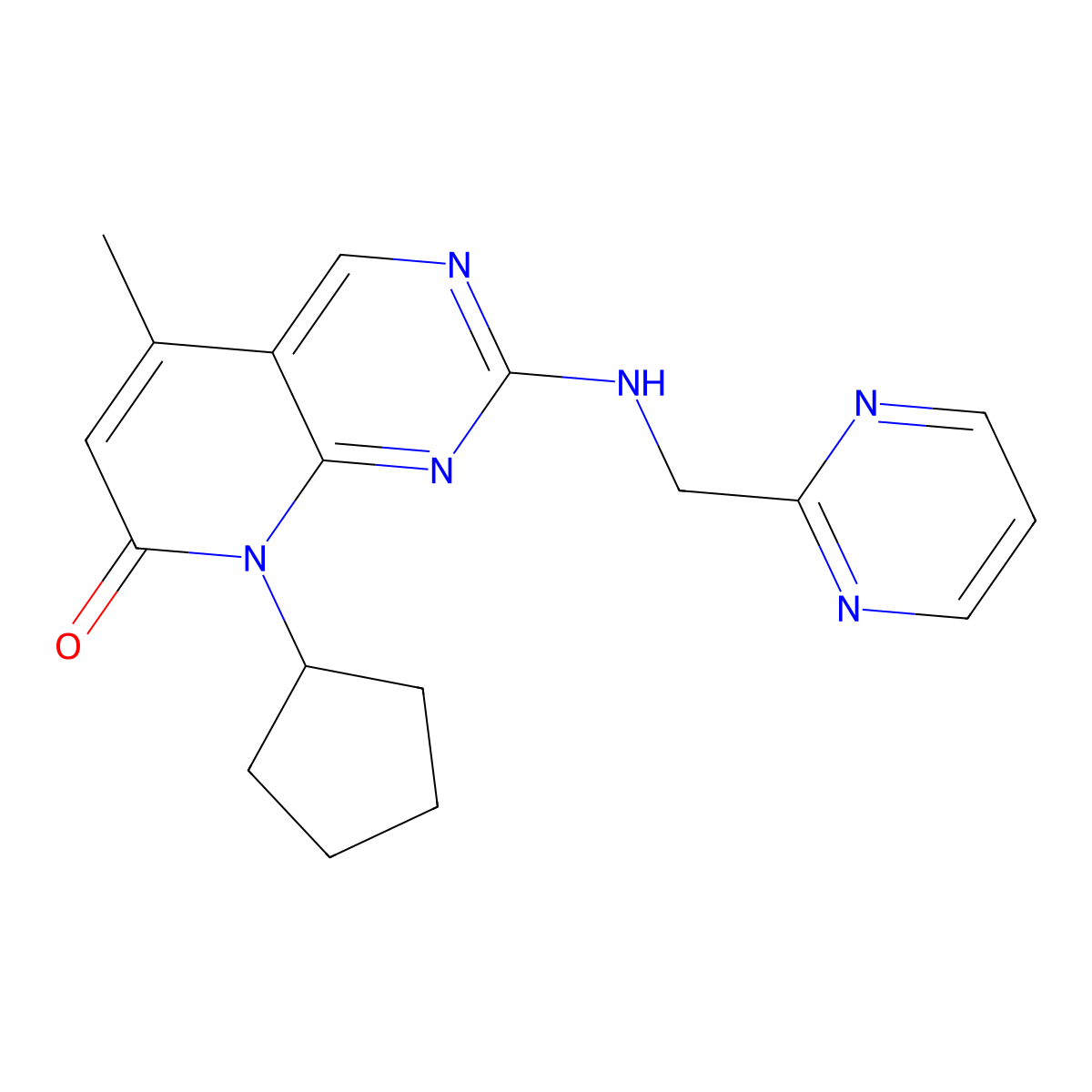 8-cyclopentyl-5-methyl-2-{[(pyrimidin-2-yl)methyl]amino}-7H,8H-pyrido[2,3-d]pyrimidin-7-one molecular structure, CAS 3054546-98-1
