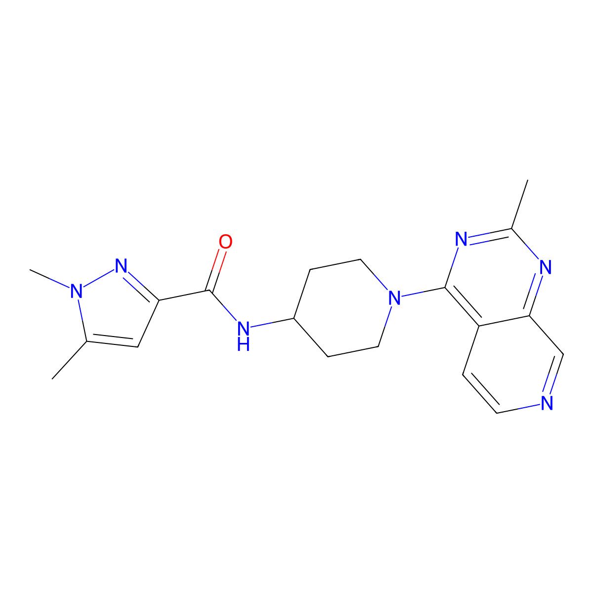 1,5-dimethyl-N-(1-{2-methylpyrido[3,4-d]pyrimidin-4-yl}piperidin-4-yl)-1H-pyrazole-3-carboxamide molecular structure, CAS 3054547-05-3