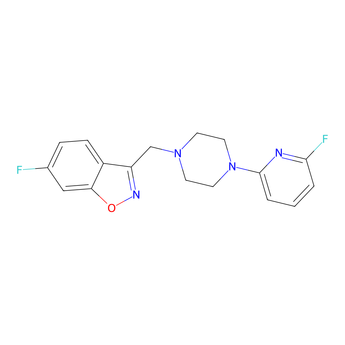 6-Fluoro-3-{[4-(6-fluoropyridin-2-yl)piperazin-1-yl]methyl}-1,2-benzoxazole molecular structure, CAS 3054547-08-6