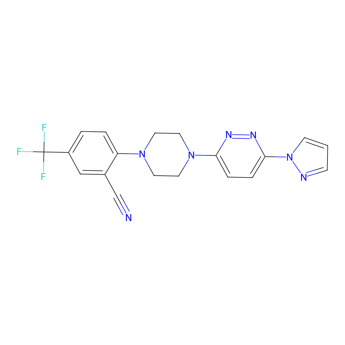 2-{4-[6-(1H-pyrazol-1-yl)pyridazin-3-yl]piperazin-1-yl}-5-(trifluoromethyl)benzonitrile molecular structure, CAS 3054547-12-2