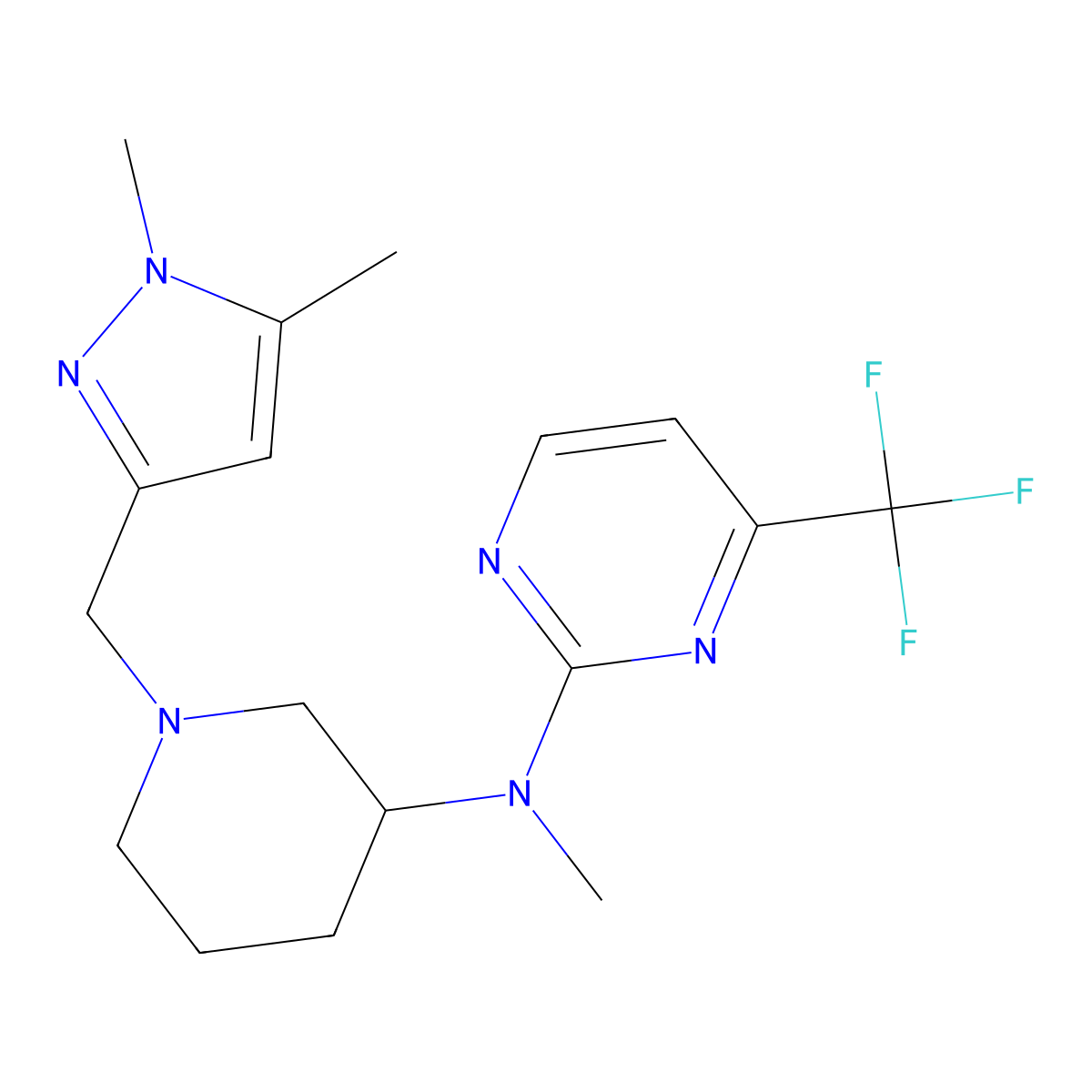 N-{1-[(1,5-dimethyl-1H-pyrazol-3-yl)methyl]piperidin-3-yl}-N-methyl-4-(trifluoromethyl)pyrimidin-2-amine molecular structure, CAS 3054547-26-8