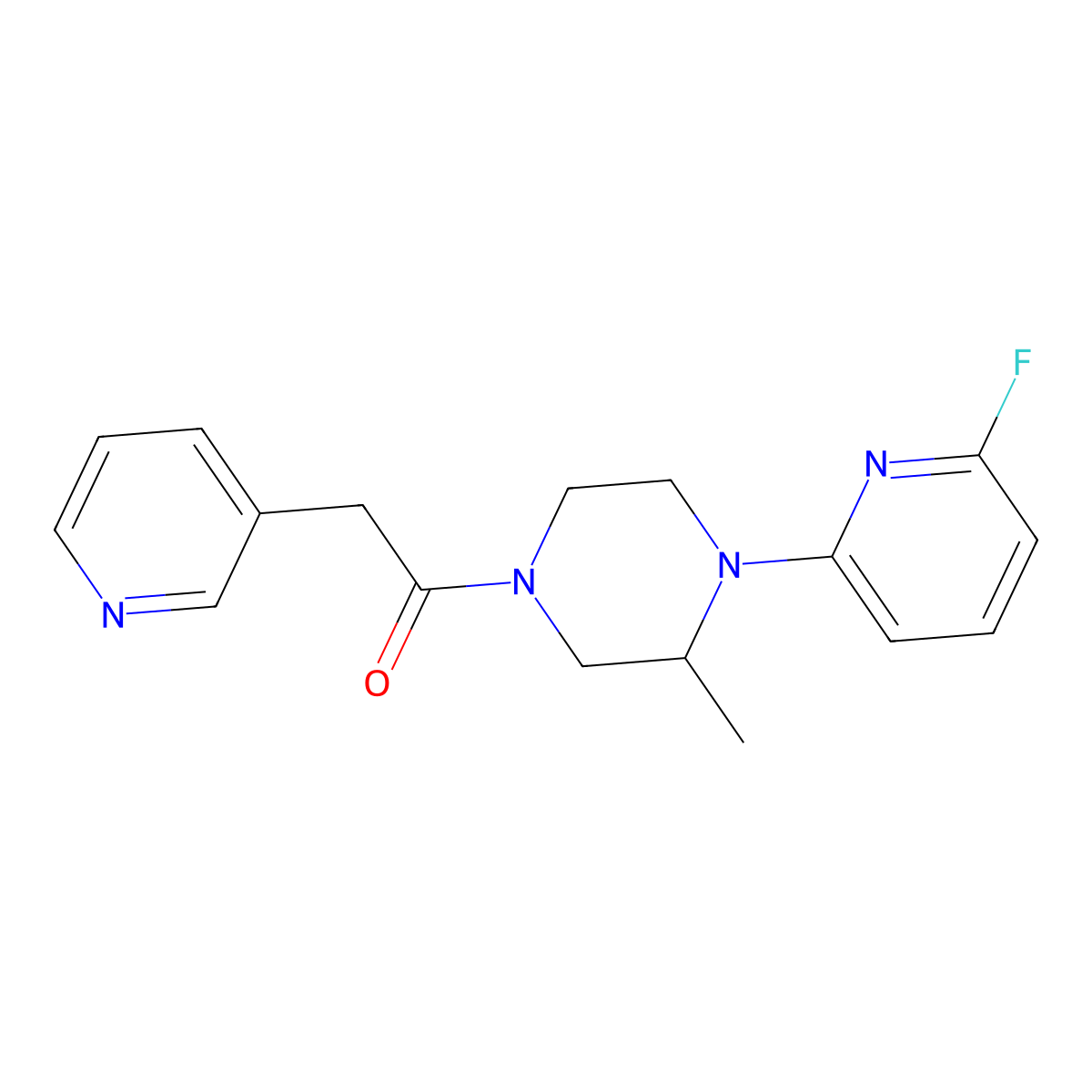 1-[4-(6-Fluoropyridin-2-yl)-3-methylpiperazin-1-yl]-2-(pyridin-3-yl)ethan-1-one molecular structure, CAS 3054547-38-2