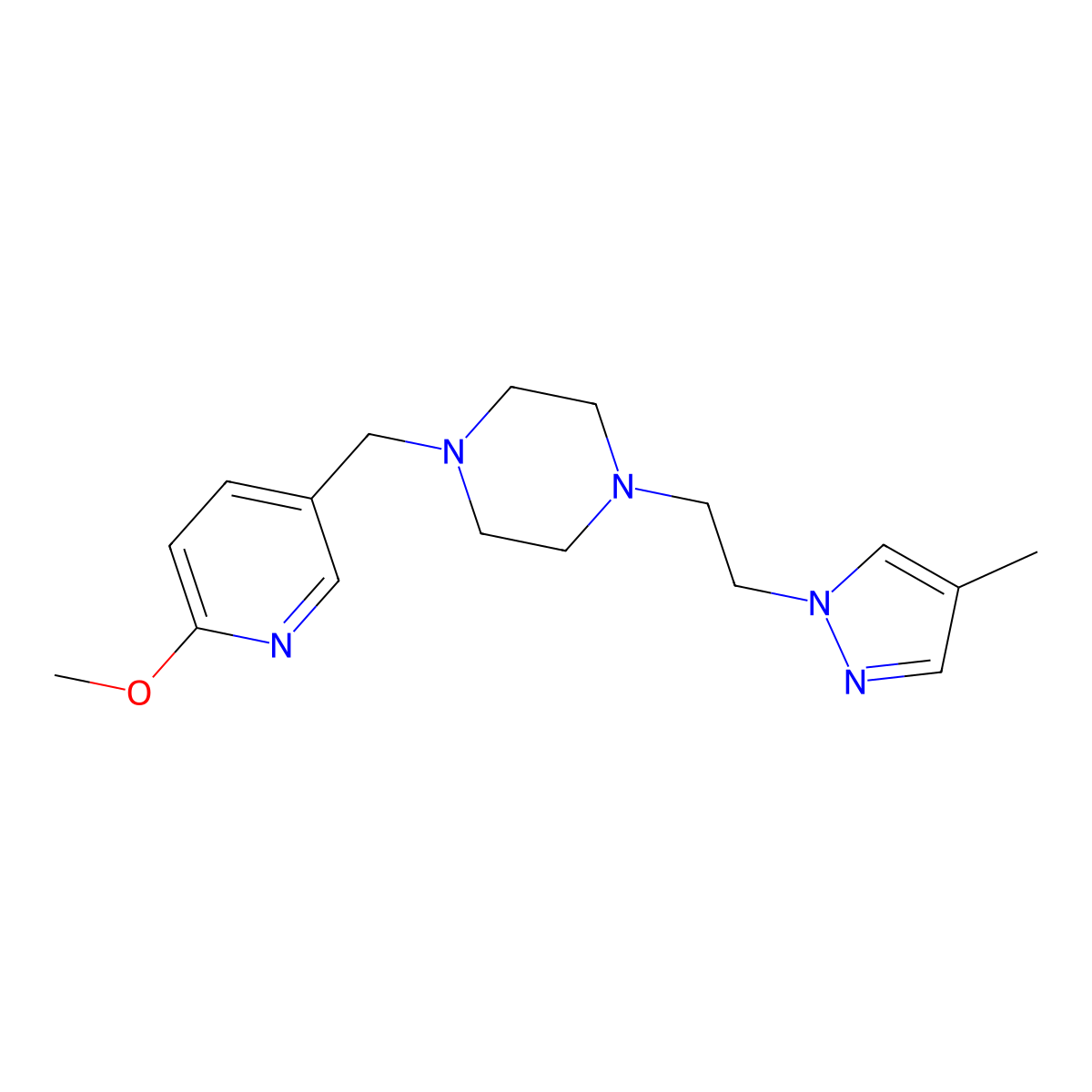 1-[(6-methoxypyridin-3-yl)methyl]-4-[2-(4-methyl-1H-pyrazol-1-yl)ethyl]piperazine molecular structure, CAS 3054547-41-7