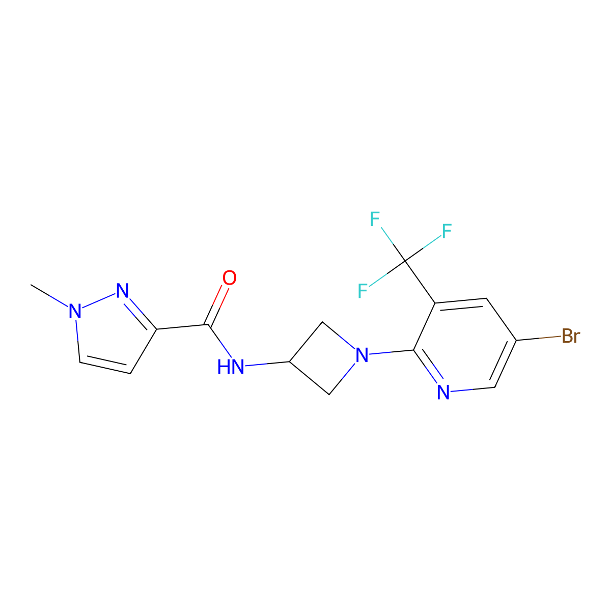 N-{1-[5-bromo-3-(trifluoromethyl)pyridin-2-yl]azetidin-3-yl}-1-methyl-1H-pyrazole-3-carboxamide molecular structure, CAS 3054547-60-0