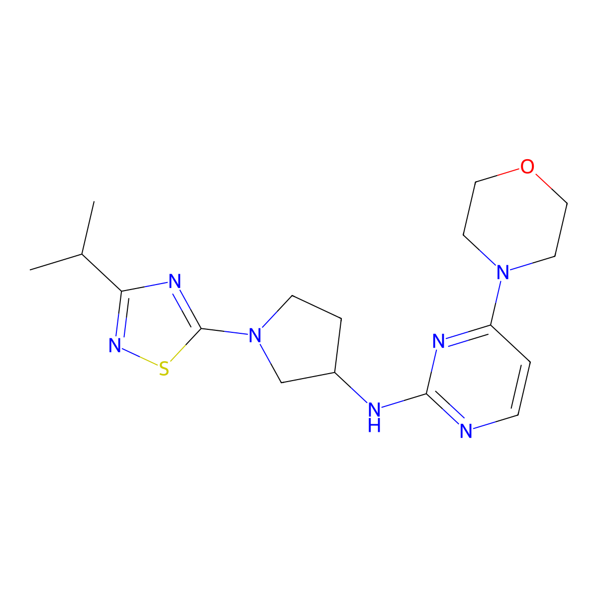 4-(morpholin-4-yl)-N-{1-[3-(propan-2-yl)-1,2,4-thiadiazol-5-yl]pyrrolidin-3-yl}pyrimidin-2-amine molecular structure, CAS 3054547-68-8