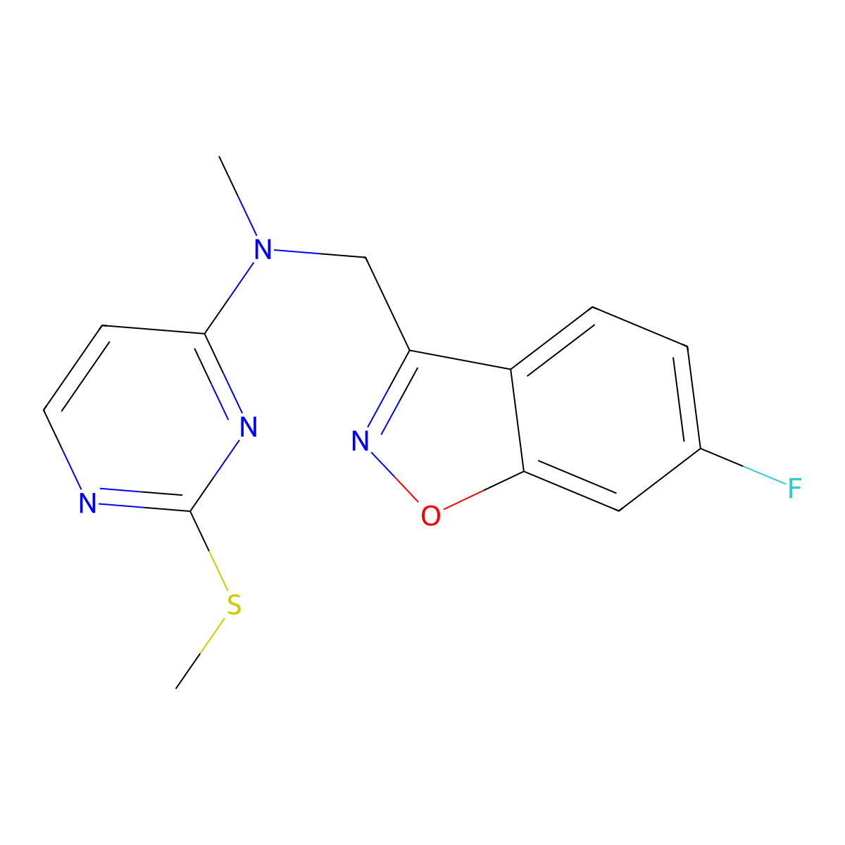 N-[(6-fluoro-1,2-benzoxazol-3-yl)methyl]-N-methyl-2-(methylsulfanyl)pyrimidin-4-amine molecular structure, CAS 3054547-73-5