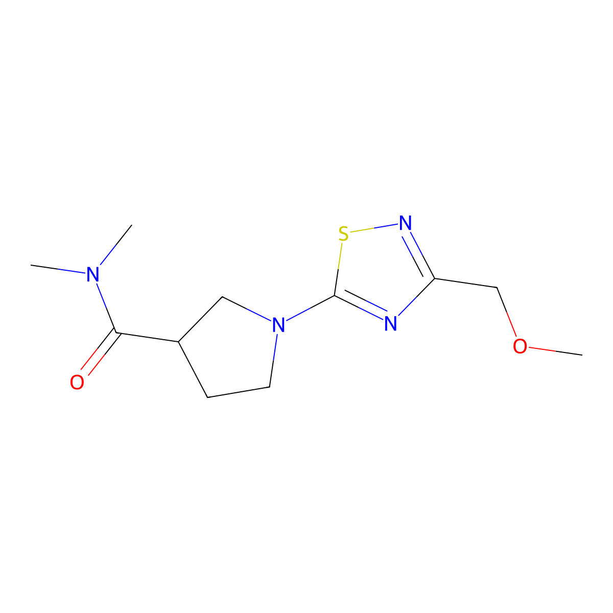 1-[3-(methoxymethyl)-1,2,4-thiadiazol-5-yl]-N,N-dimethylpyrrolidine-3-carboxamide molecular structure, CAS 3054547-83-7