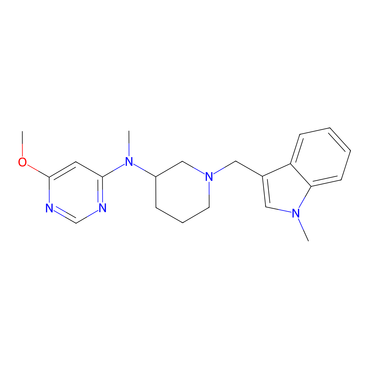 6-methoxy-N-methyl-N-{1-[(1-methyl-1H-indol-3-yl)methyl]piperidin-3-yl}pyrimidin-4-amine molecular structure, CAS 3054547-84-8