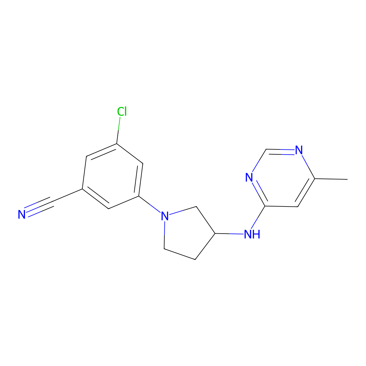 3-Chloro-5-{3-[(6-methylpyrimidin-4-yl)amino]pyrrolidin-1-yl}benzonitrile molecular structure, CAS 3054547-91-7
