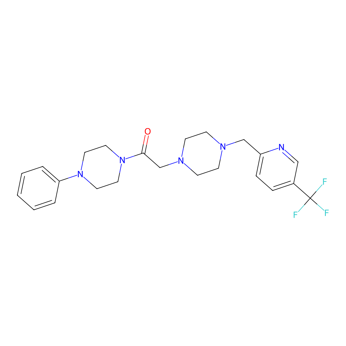 1-(4-Phenylpiperazin-1-yl)-2-(4-{[5-(trifluoromethyl)pyridin-2-yl]methyl}piperazin-1-yl)ethan-1-one molecular structure, CAS 3054547-94-0