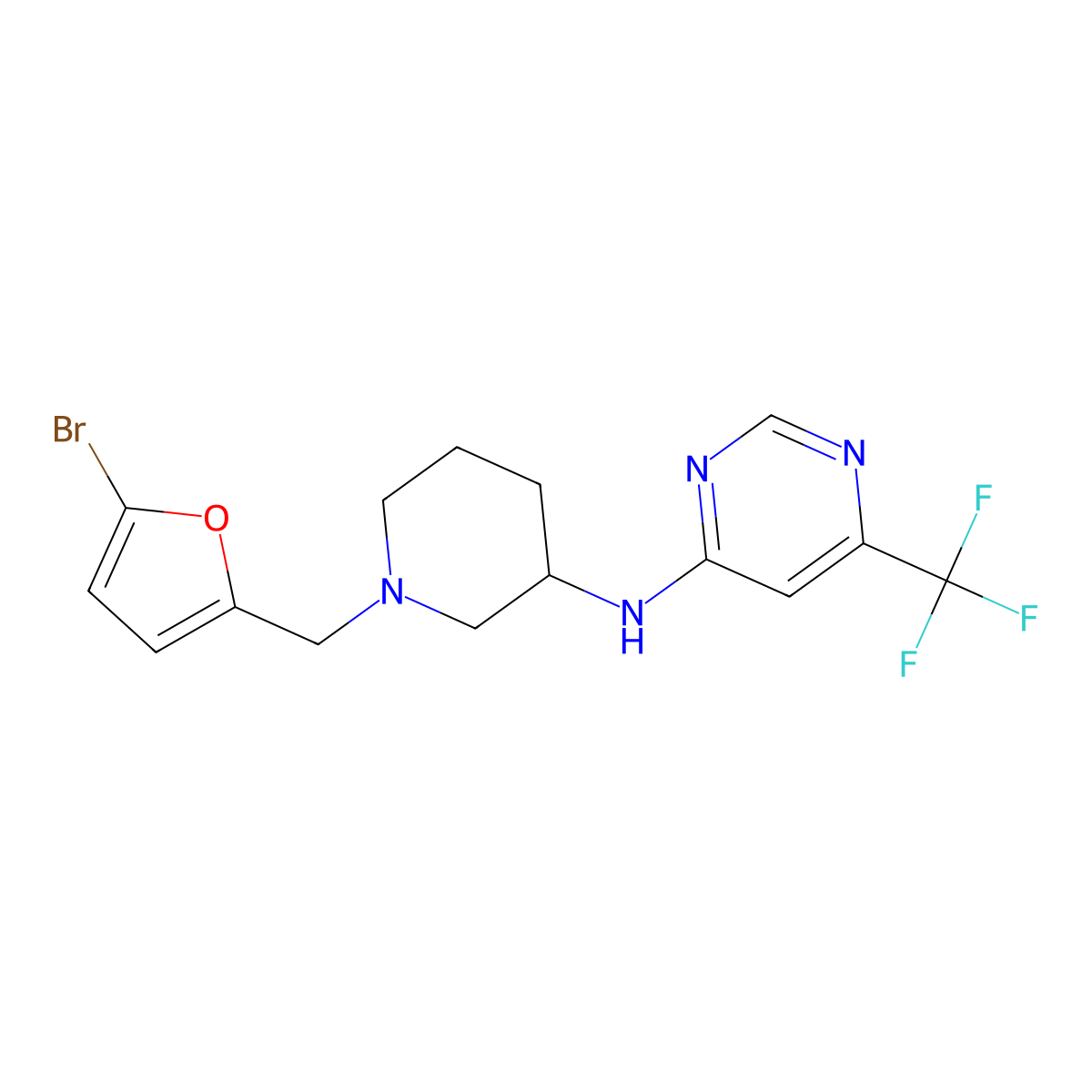 N-{1-[(5-bromofuran-2-yl)methyl]piperidin-3-yl}-6-(trifluoromethyl)pyrimidin-4-amine molecular structure, CAS 3054547-99-5