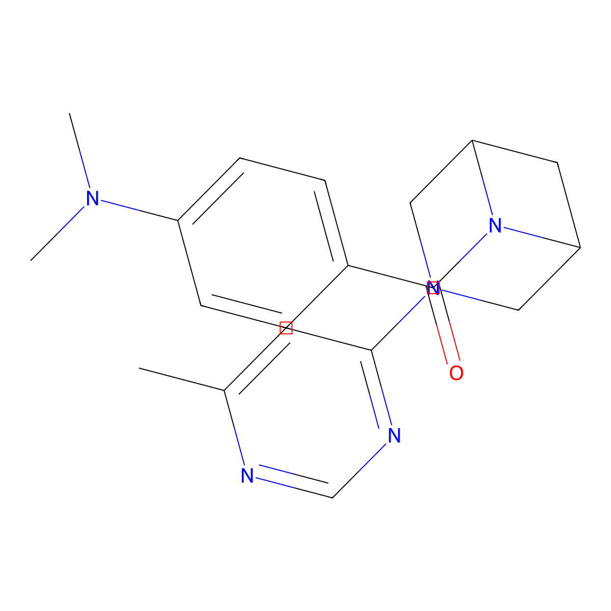 N,N-dimethyl-4-[3-(6-methylpyrimidin-4-yl)-3,6-diazabicyclo[3.1.1]heptane-6-carbonyl]aniline molecular structure, CAS 3054548-11-4