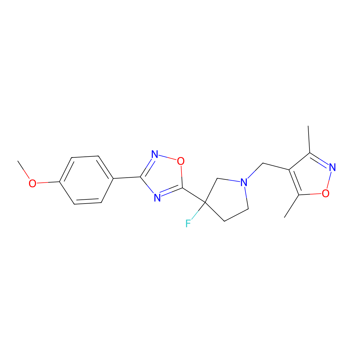 5-{1-[(3,5-Dimethyl-1,2-oxazol-4-yl)methyl]-3-fluoropyrrolidin-3-yl}-3-(4-methoxyphenyl)-1,2,4-oxadiazole molecular structure, CAS 3054548-20-5
