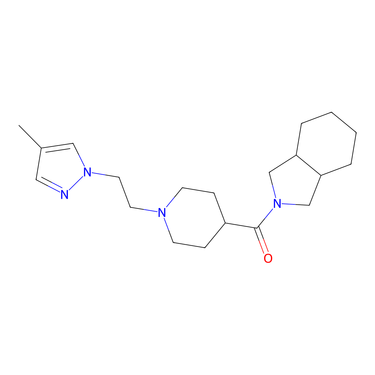2-{1-[2-(4-methyl-1H-pyrazol-1-yl)ethyl]piperidine-4-carbonyl}-octahydro-1H-isoindole molecular structure, CAS 3054548-21-6